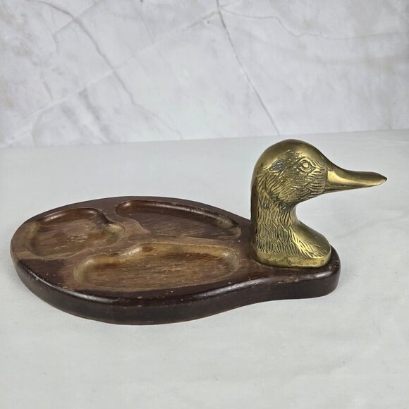 Vintage Mid-Century Modern Brass Duck Head Wooden Valet Tray - Picture 1 of 12